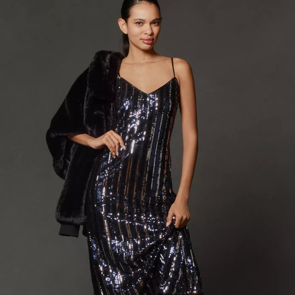 Maeve Sleeveless Sequin Stripe Midi Dress Size LP